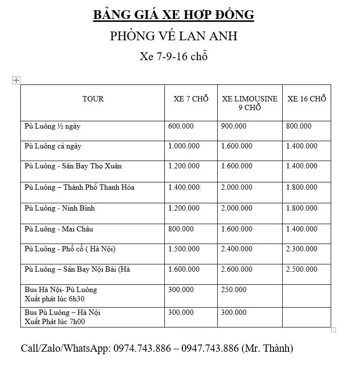 Bảng giá xe du lịch Lan Anh